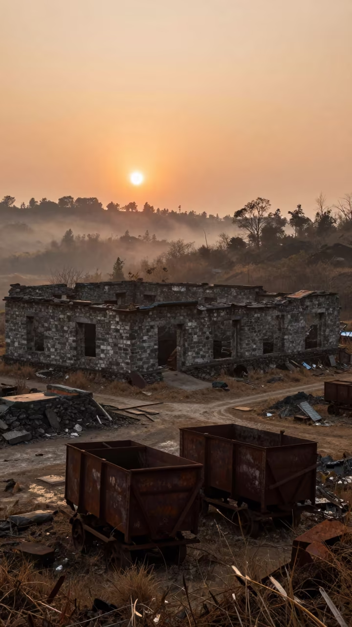 Abandoned Mining Ruins in Nagaland Evening in among roofless stone chambers in Nagaland