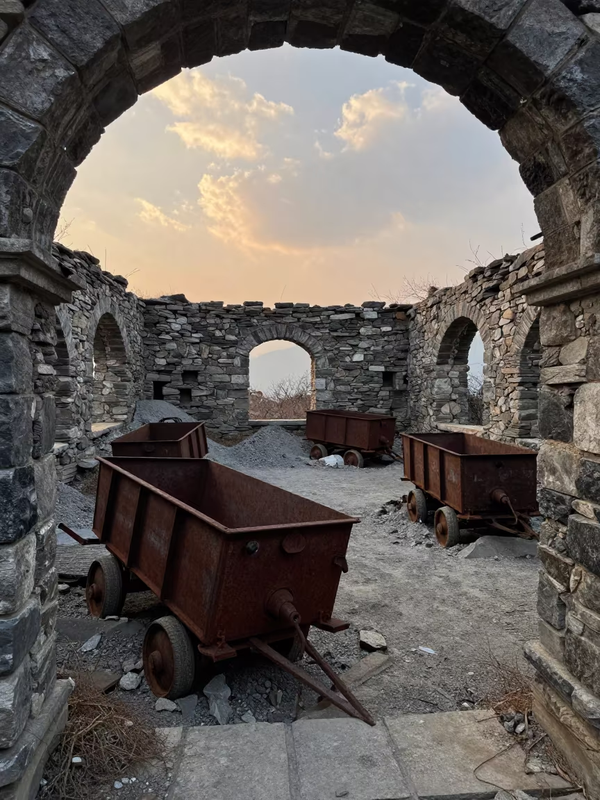 Abandoned Mining Ruins in Roofless Hammam in inside a roofless hammam near Shimla