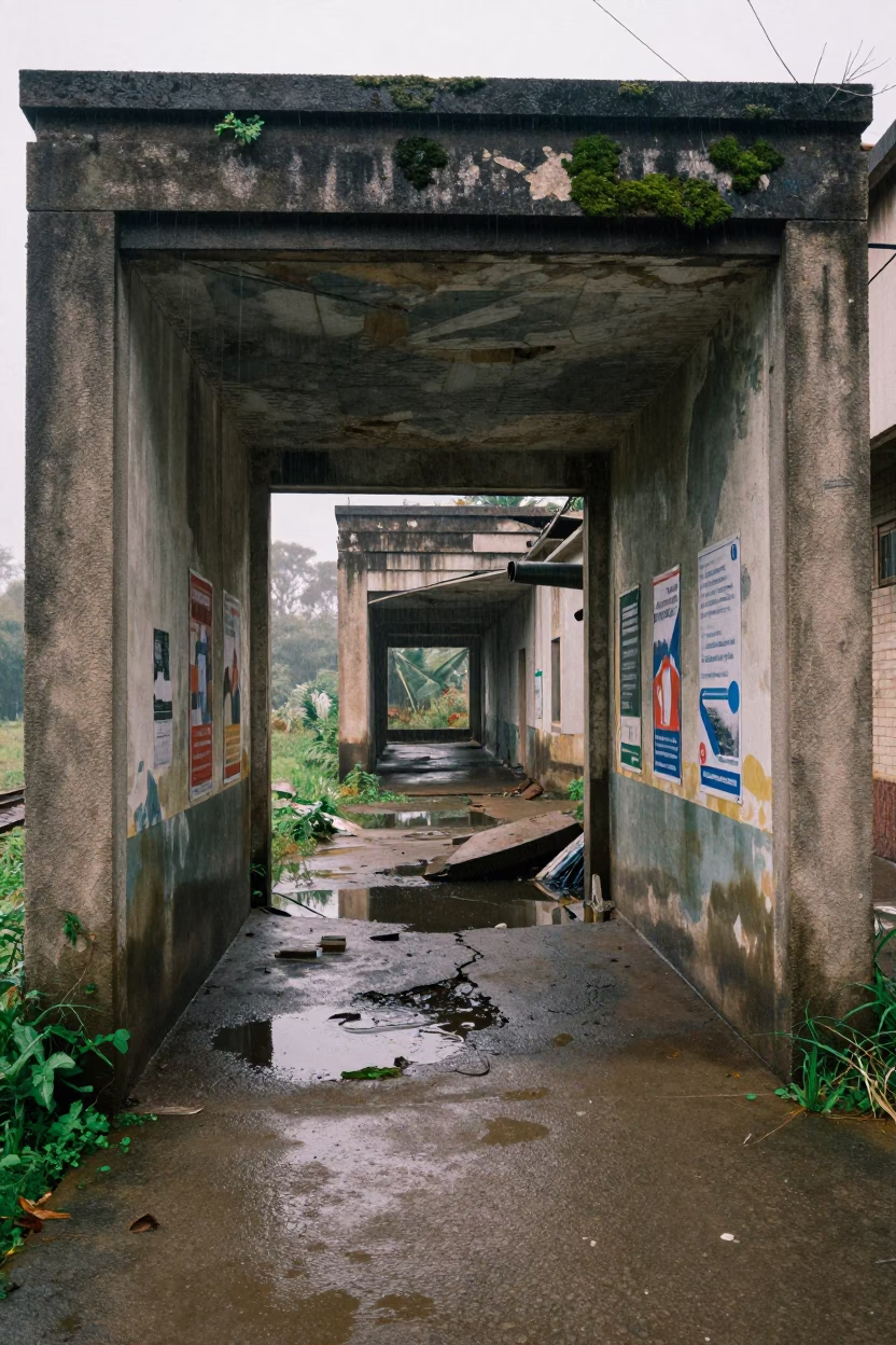 Abandoned Monsoon Station Among Ruined Cloisters in among collapsed cloisters near Maroua