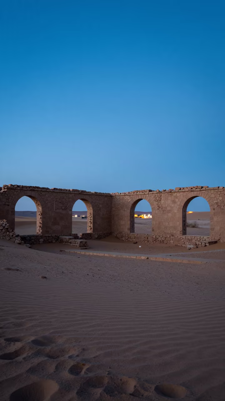 Abandoned Namibian Caravanserai Twilight Ruins in among roofless stone chambers in Namibia