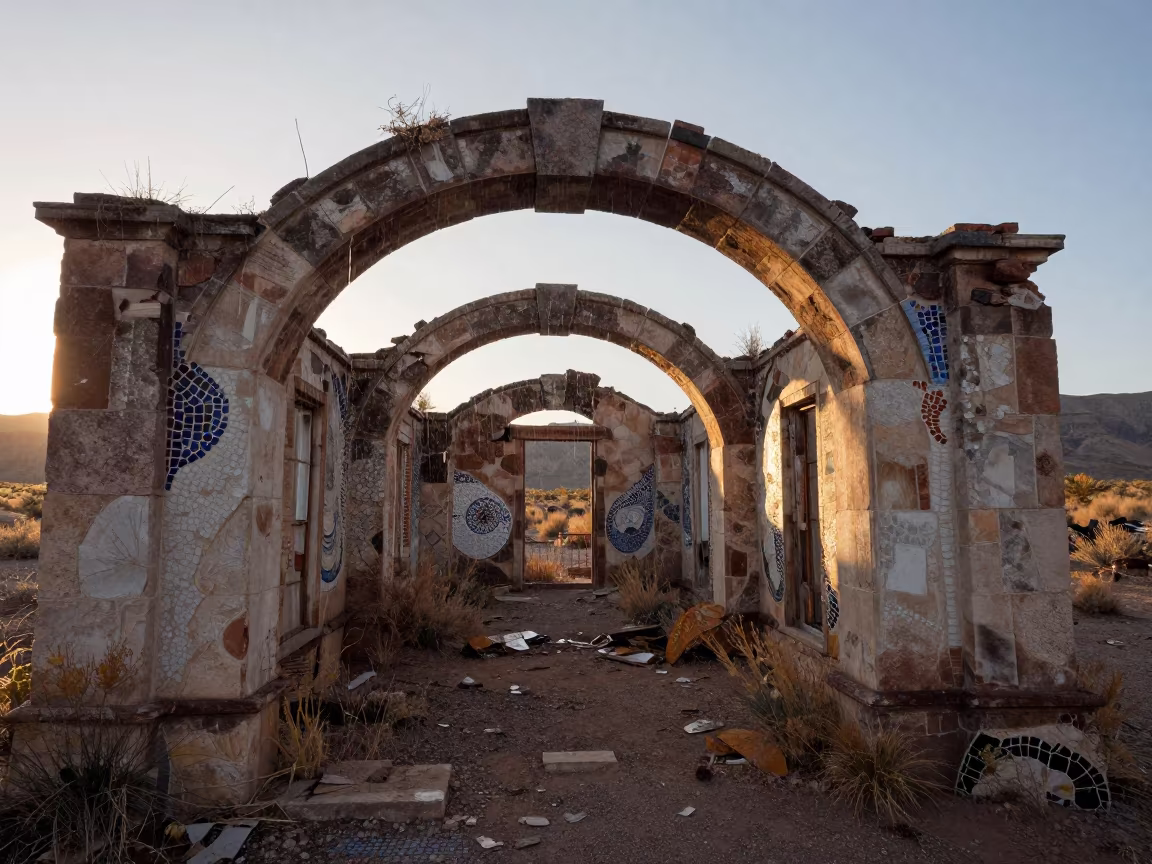 Abandoned Nevada Bathhouse Mosaic Rain in beneath a broken stone arch in Nevada