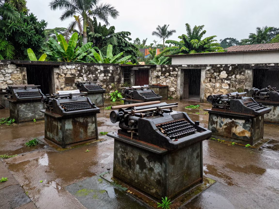 Abandoned Newspaper Office Typesetting Machines in Brazil in among roofless stone chambers in Brazil
