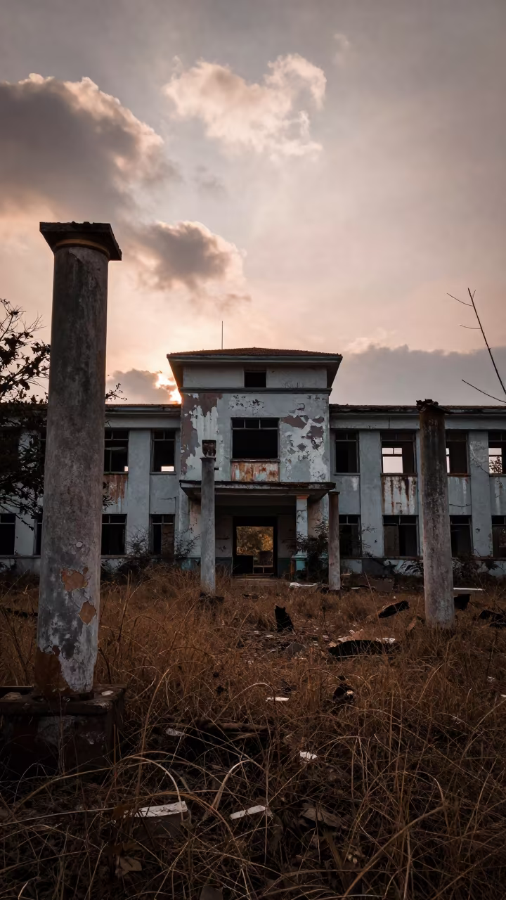 Abandoned Nigerian Hospital Ruins in Copper Light in among toppled columns and nettles in Nigeria