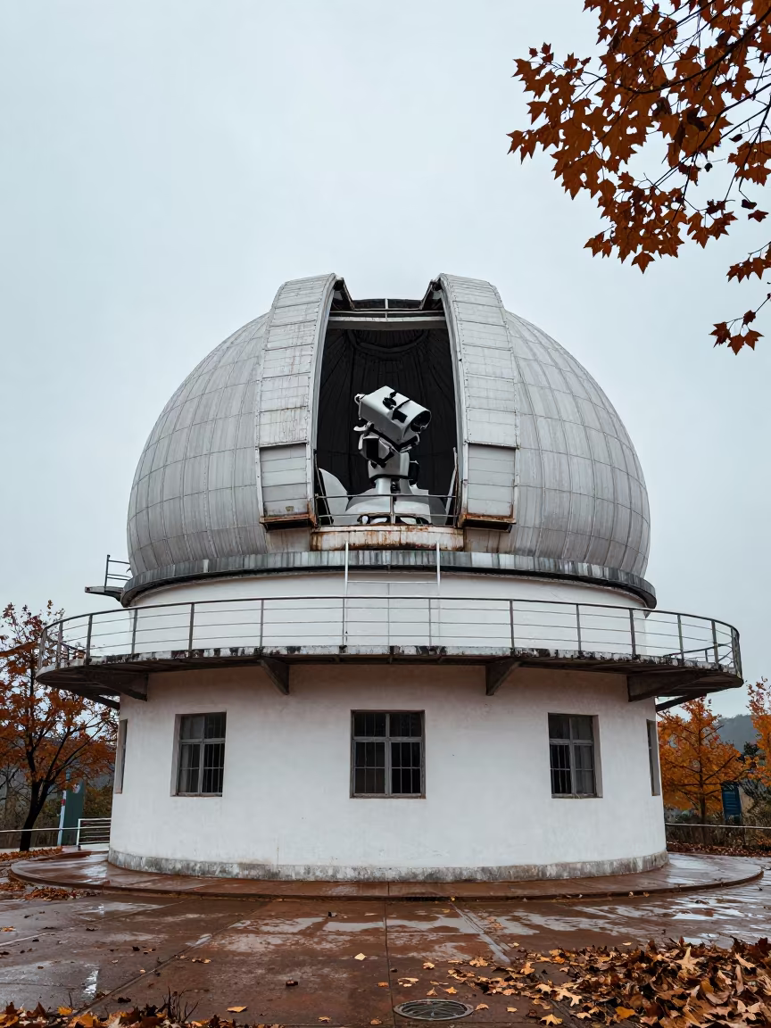 Abandoned Observatory Dome Anhui After Rain in on a wind-scoured research platform in Anhui
