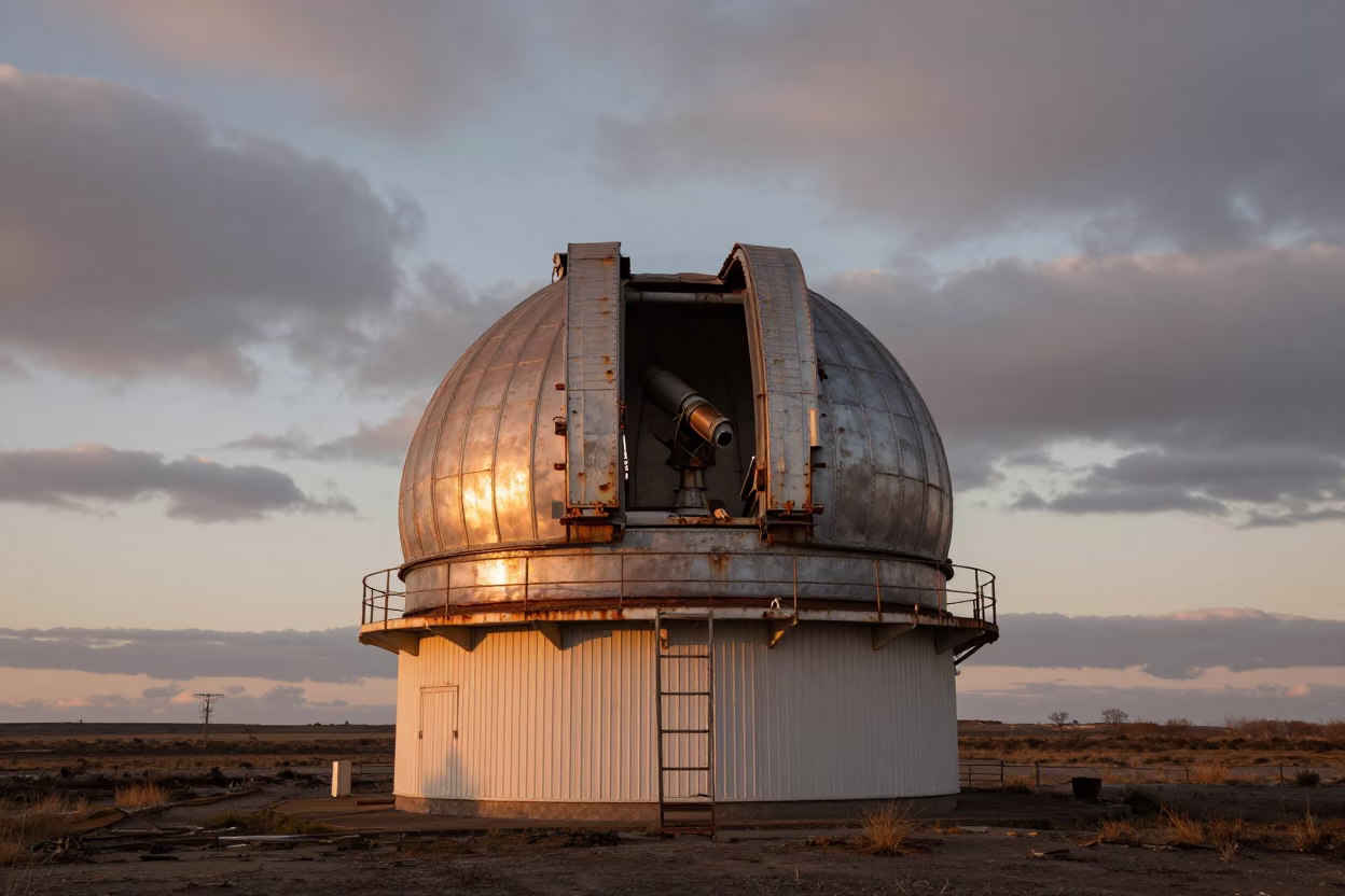 Abandoned Observatory Dome in Copper Light in on a wind-scoured research platform in Rosario