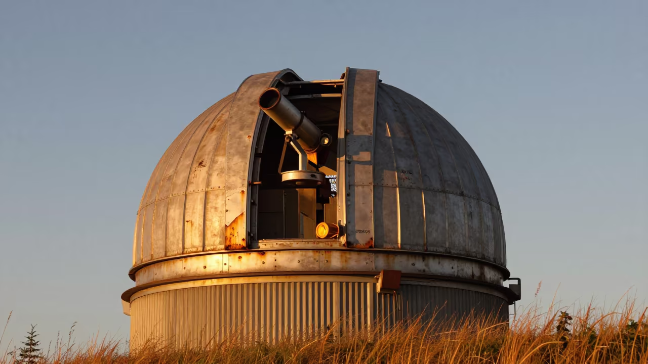 Abandoned Observatory Dome in Evening Light in at a remote field station near Geneva