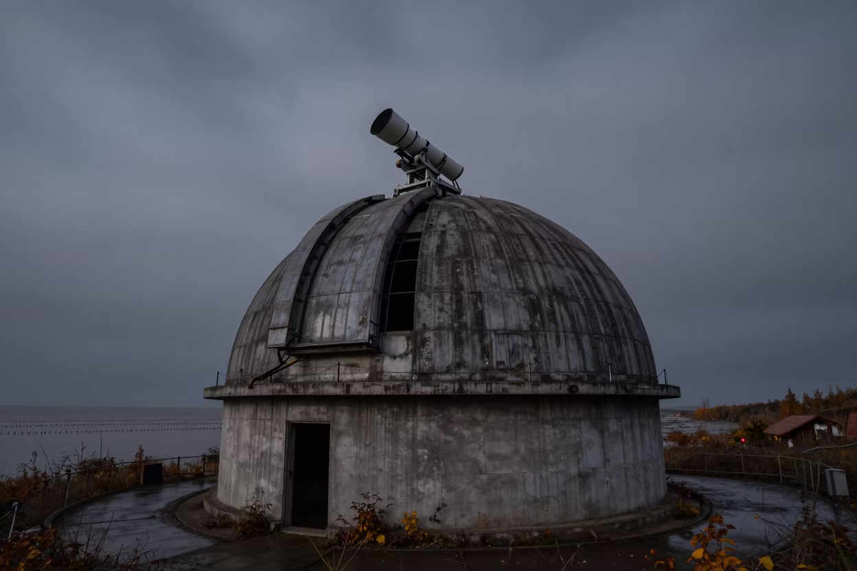Abandoned Observatory Dome Under Starlight in beside a tidal survey transect in Sichuan