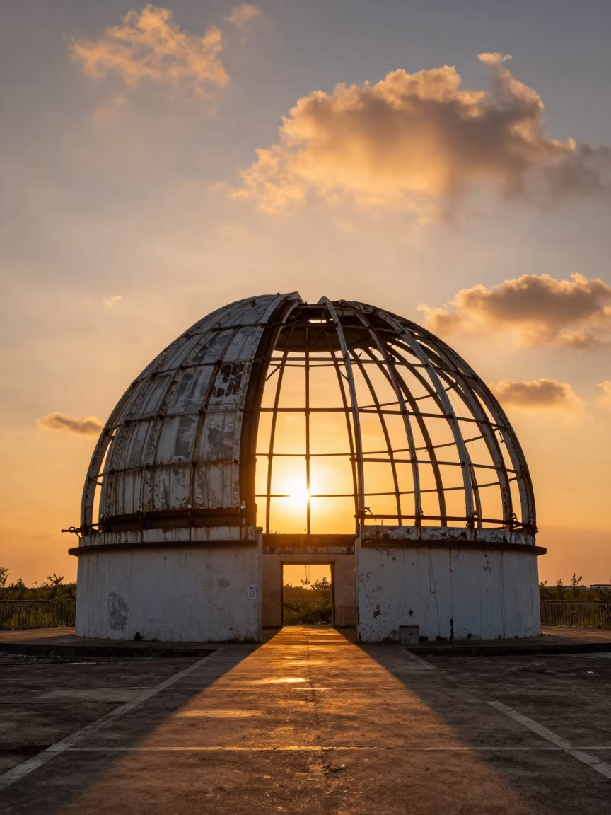 Abandoned Observatory Dome at Sunset Near Suzhou in near a weather balloon launch site near Suzhou