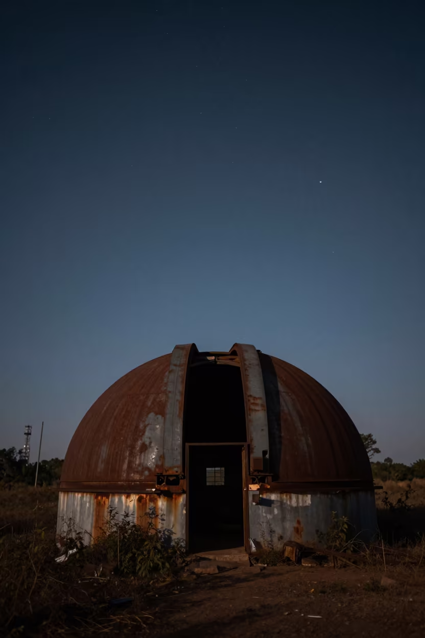 Abandoned Observatory Dome Under Starlight in near a weather balloon launch site in Cambodia