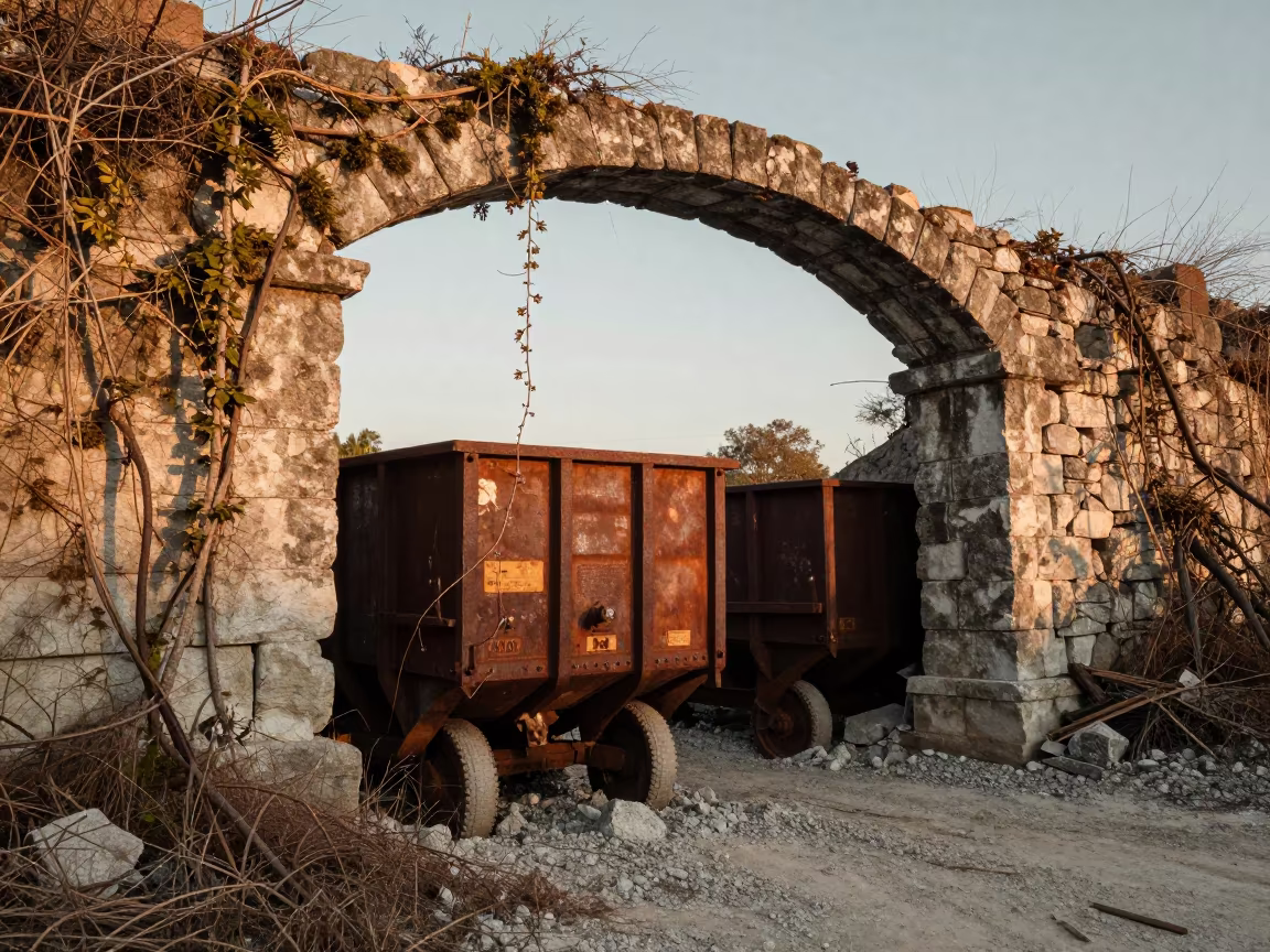 Abandoned Ore Carts Under Stone Arch in Suriname in beneath a broken stone arch in Suriname