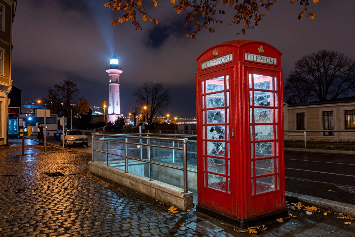 Abandoned Phone Booth Under Night Sweep Light in outside a metro entrance in Grand Bazaar, Istanbul