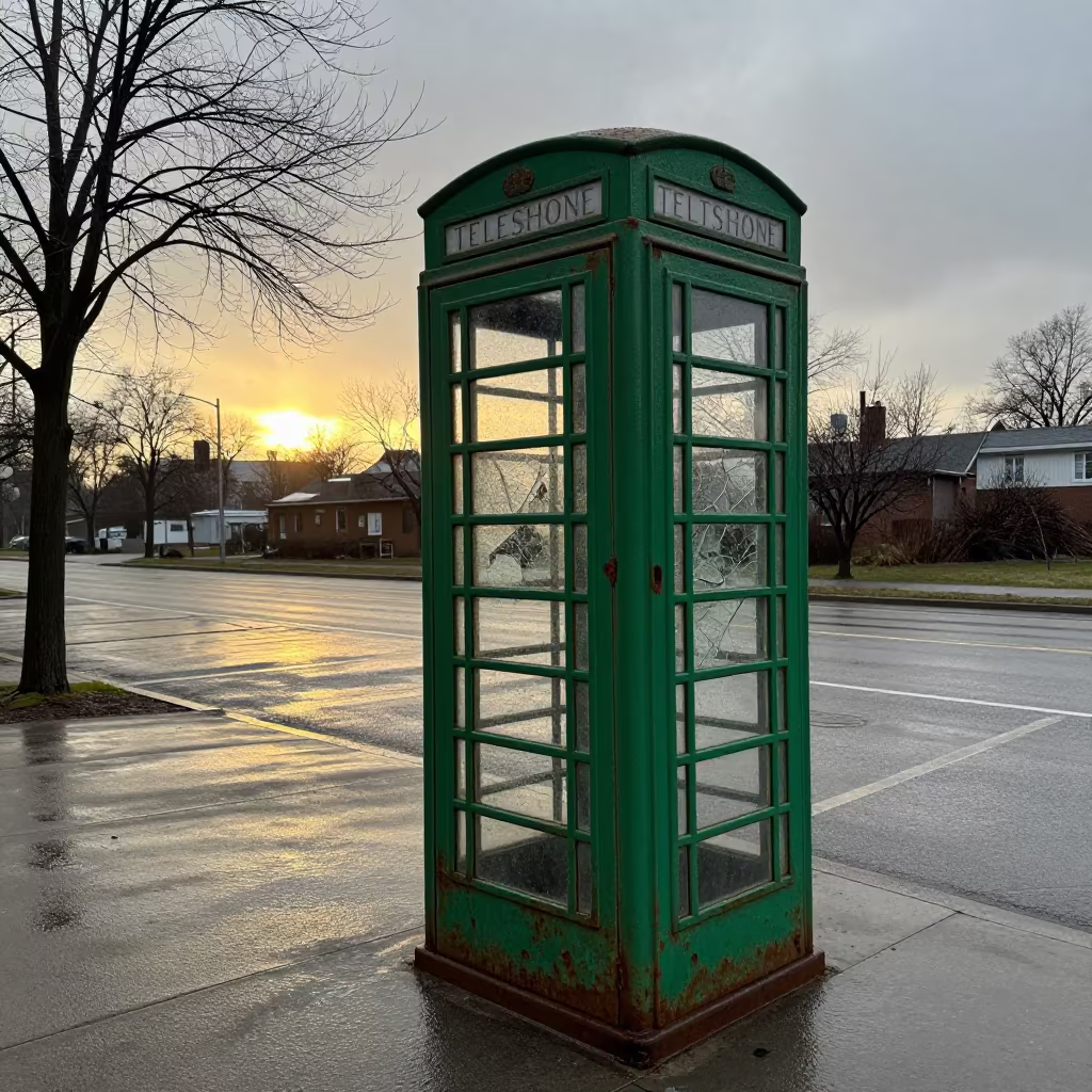Abandoned Phone Booth Winter Sunset Potsdam in outside a corner cafe in Potsdam