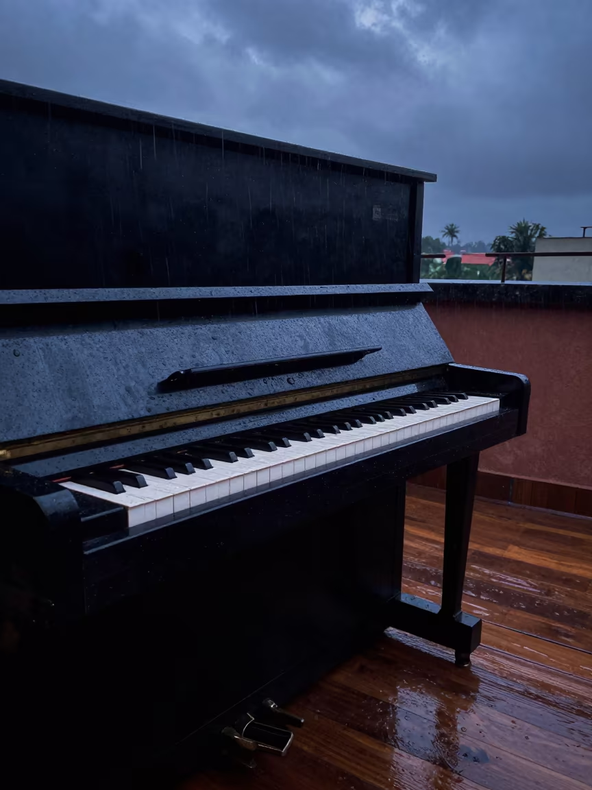 Abandoned Piano in Kinshasa Parlor Under Indigo Rain in in a rehearsal room in Kinshasa