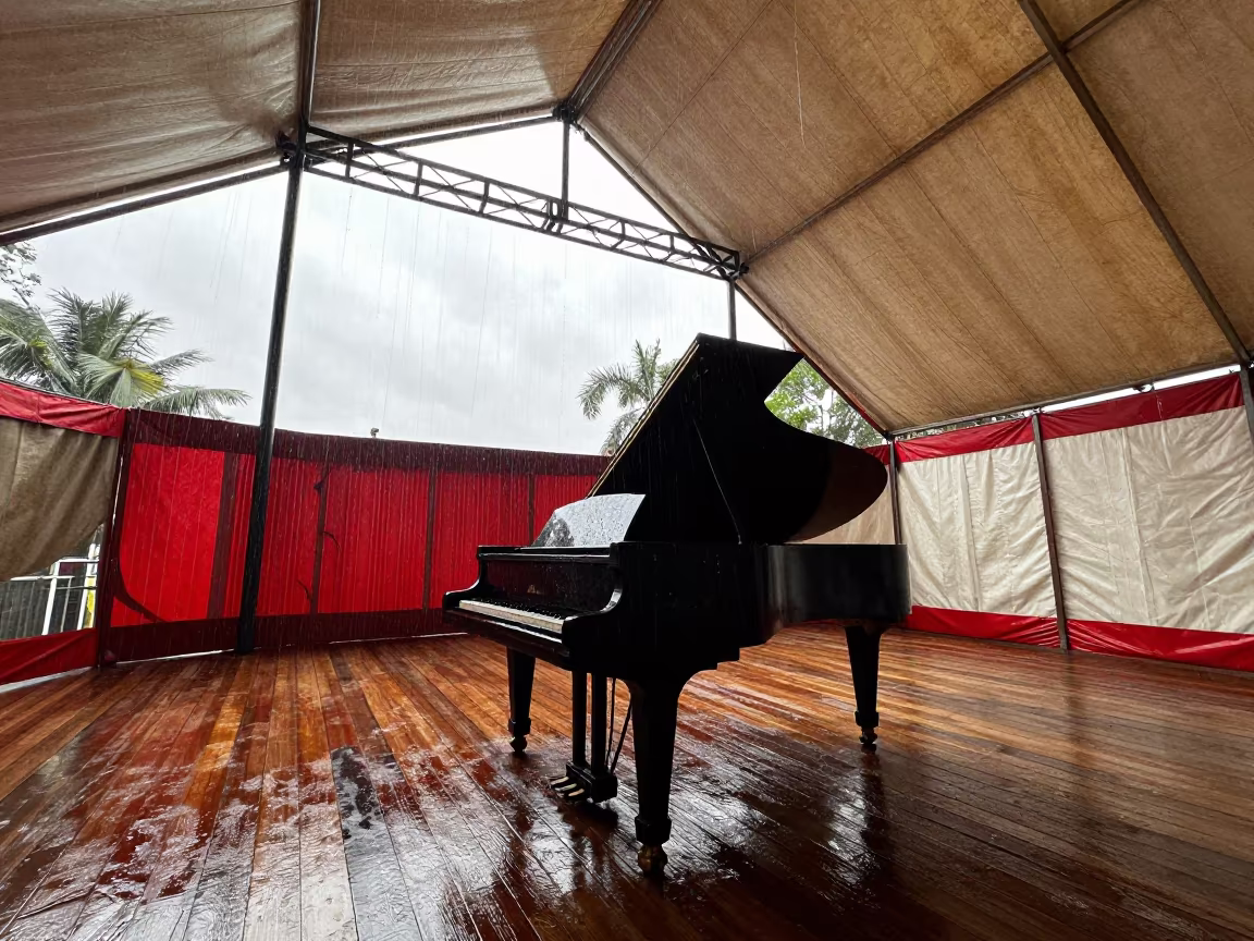 Abandoned Piano Under Monsoon Circus Tent in under a circus tent in Worli, Mumbai