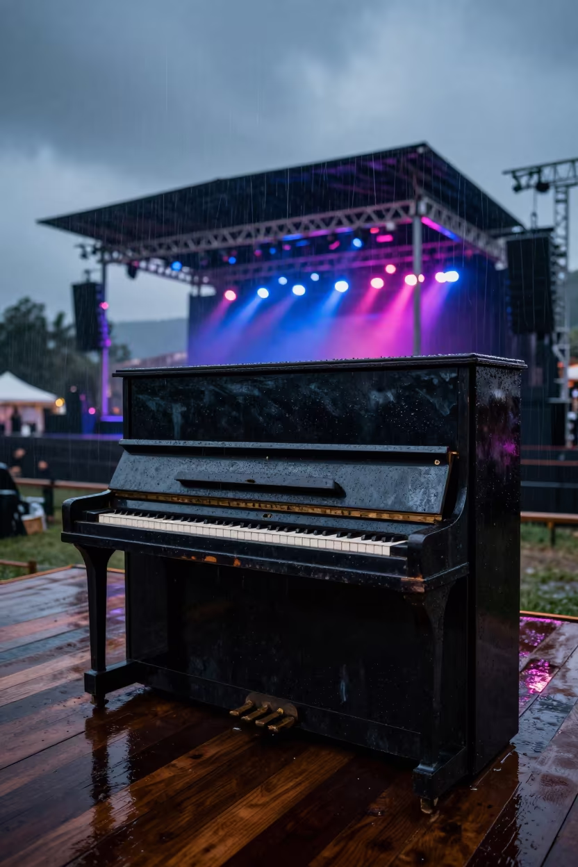 Abandoned Piano Under Rain on Bogota Stage in on a festival main stage in Usaquen, Bogota