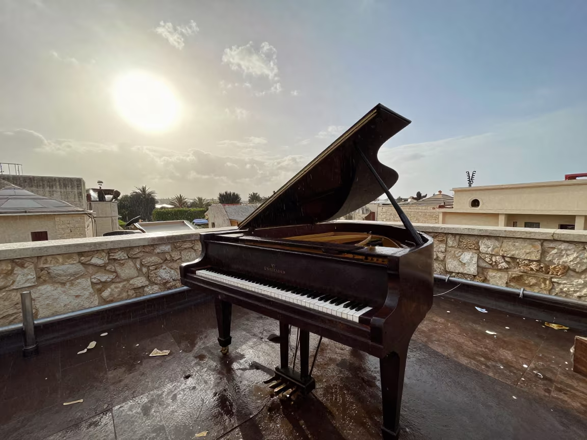 Abandoned Piano in Rain-Soaked Tyre Parlor in on a dimly lit stage in Tyre
