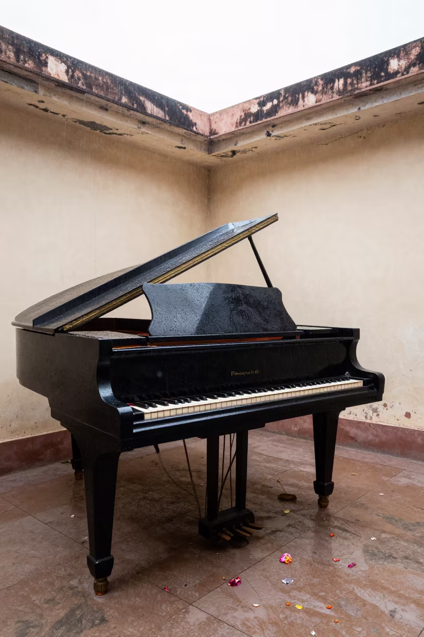 Abandoned Piano in Rainy Solapur Concert Hall in in a concert hall in Solapur