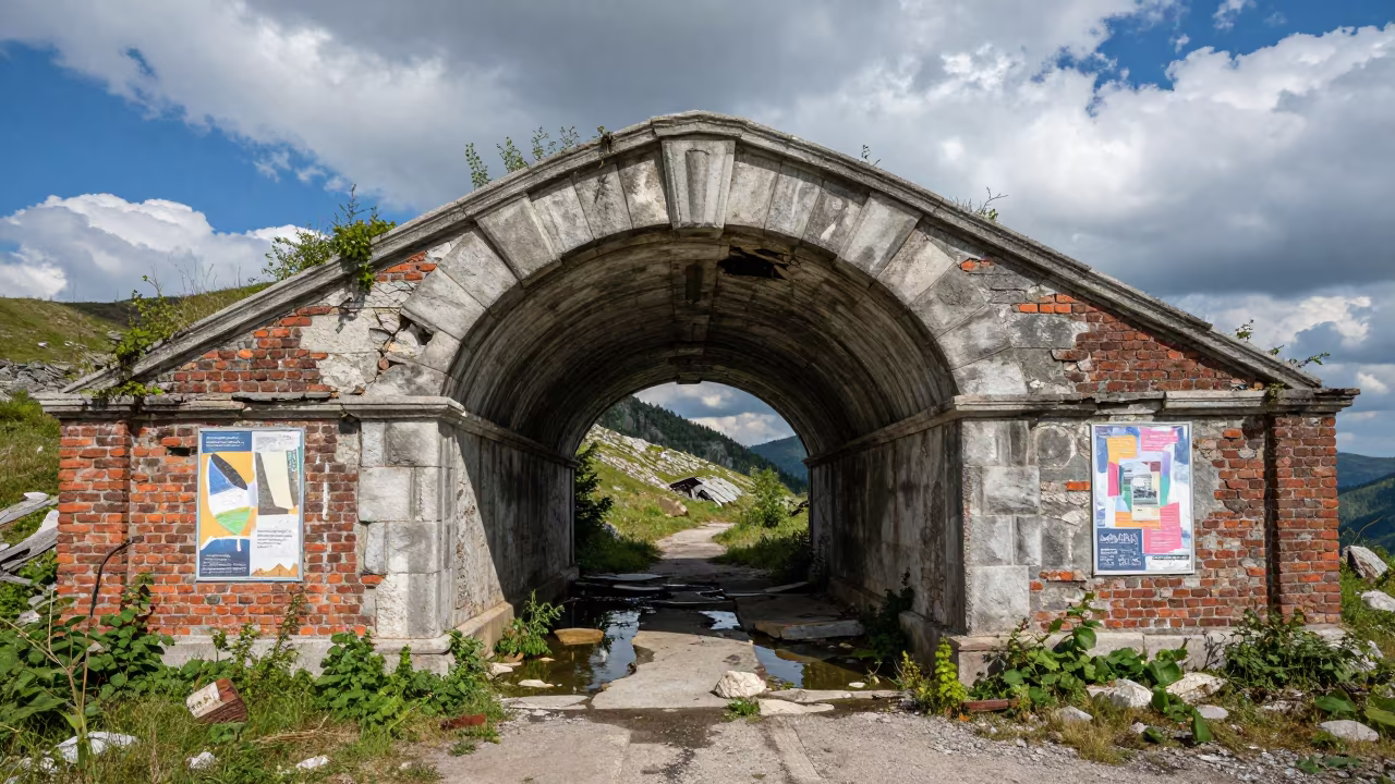 Abandoned Polish Tunnel Station with Water in beneath a broken stone arch in Poland