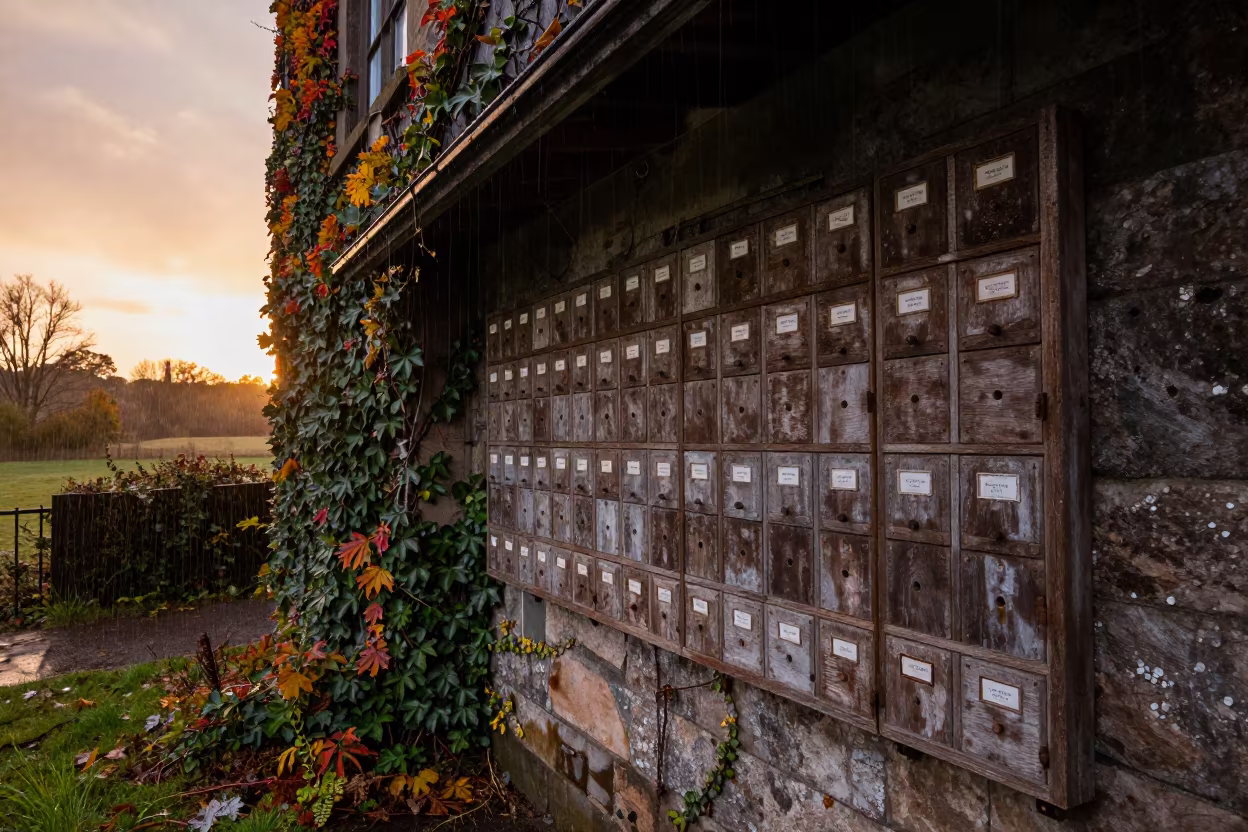Abandoned Post Office Pigeonholes Autumn Rain in beside ivy-draped masonry near Perth