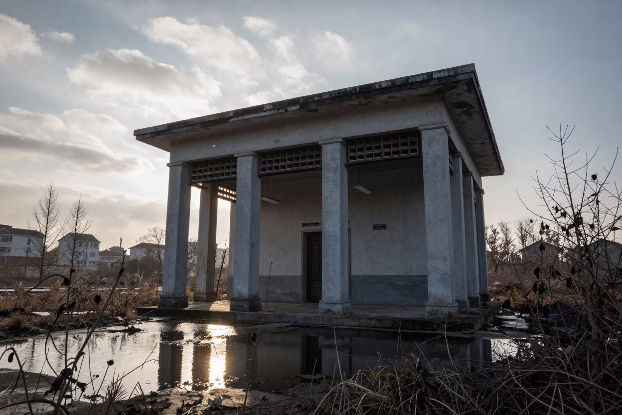 Abandoned Post Office Pigeonholes Nanchang Ruins in among toppled columns and nettles near Nanchang