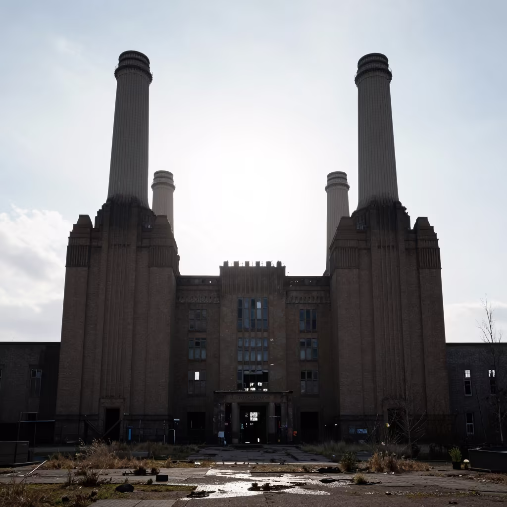 Silhouetted Abandoned Power Station Ruin in beneath a broken stone arch near East London