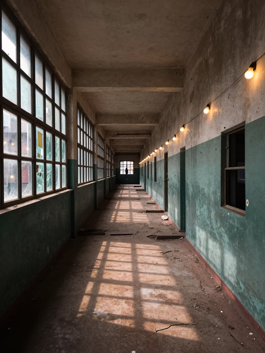 Abandoned Prison Corridor Sunlight Andhra Pradesh in along a ward corridor with broken glass and falling plaster in Andhra Pradesh