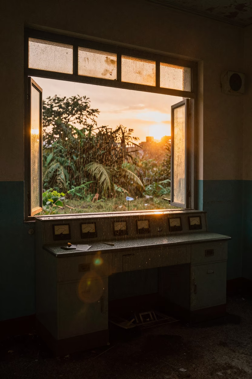 Abandoned Radio Station Golden Hour Drizzle in near Yangon