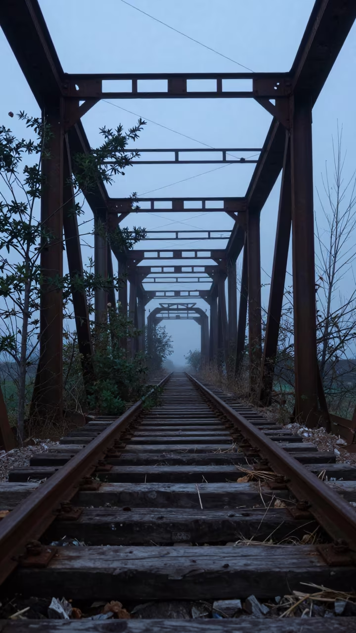 Abandoned Rail Bridge Trees Blue Evening Light Valencia in inside a roofless nave near Valencia