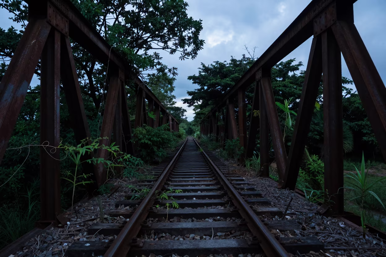 Abandoned Rail Bridge Trees Predawn Shadow Carúpano in along a vine-choked corridor near Carúpano