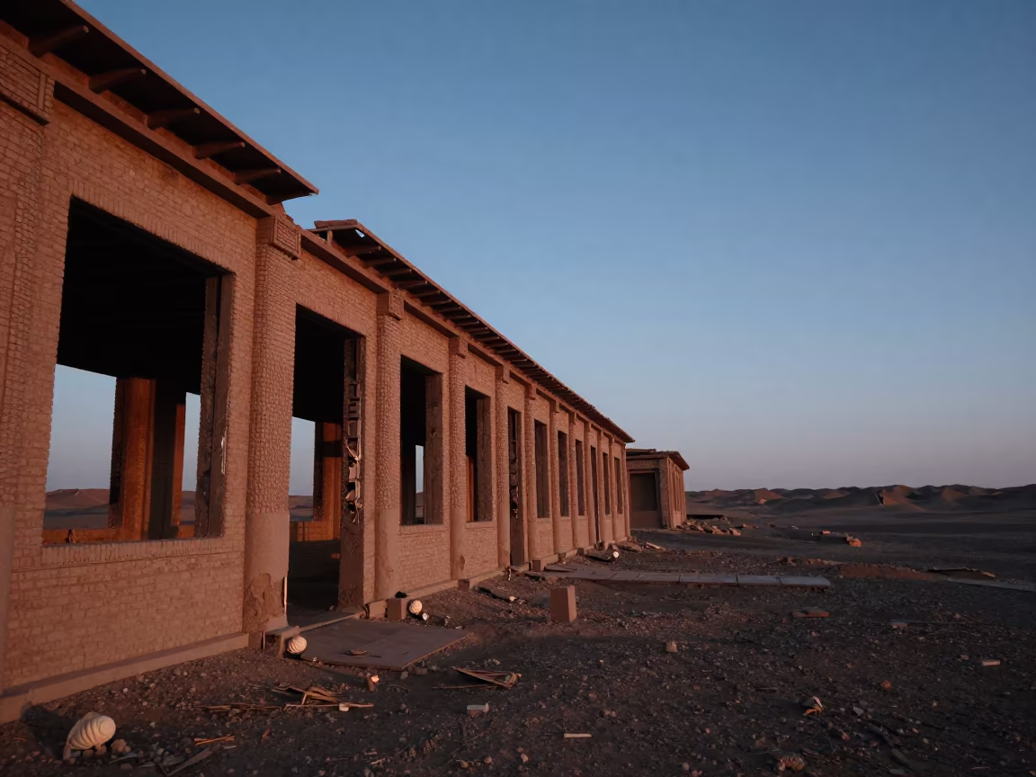Abandoned Ropewalk Gobi Desert Ruins in among collapsed cloisters in the Gobi Desert
