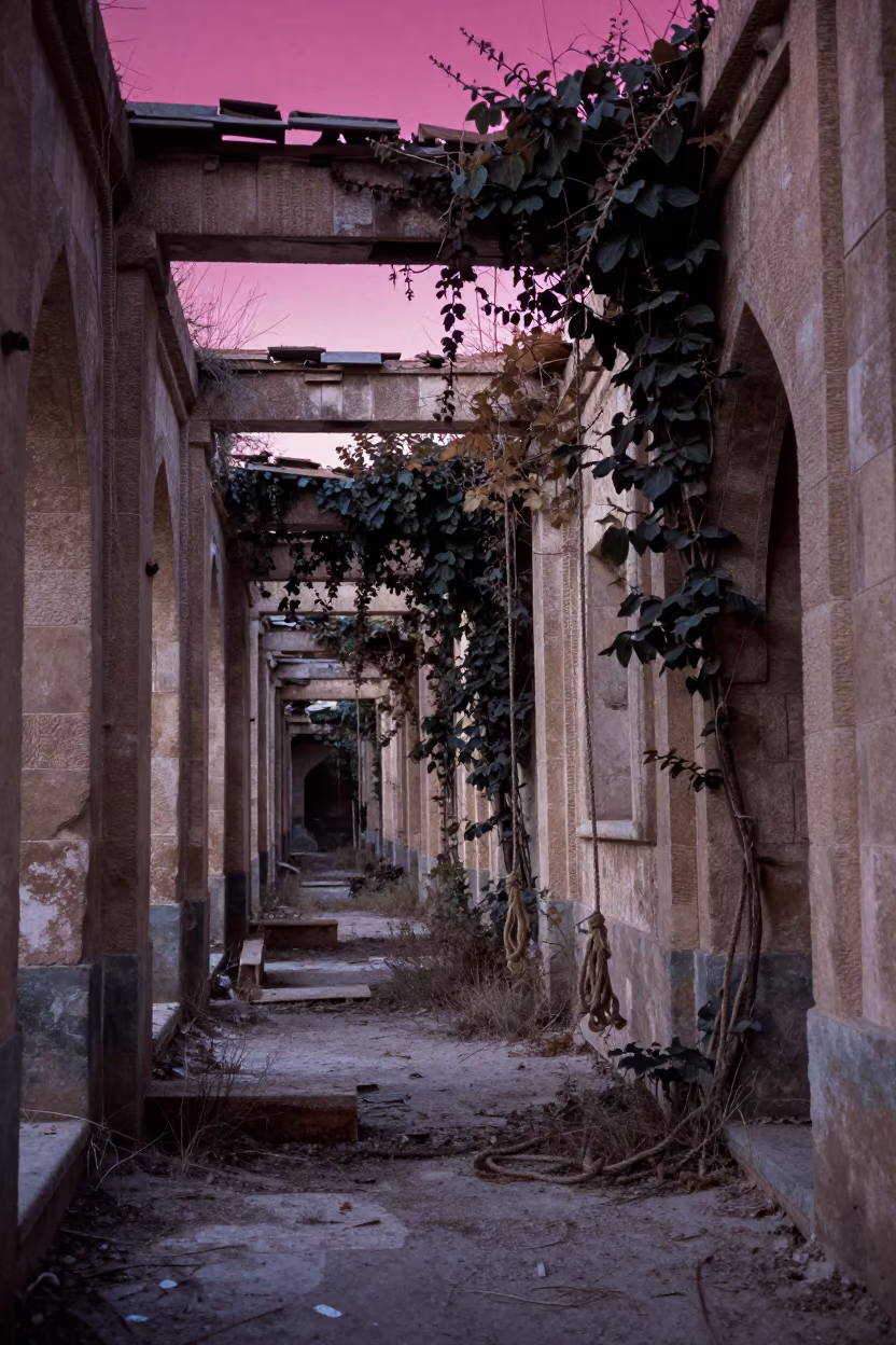 Abandoned Ropewalk Under Magenta Dawn Sky in along a vine-choked corridor near Isfahan