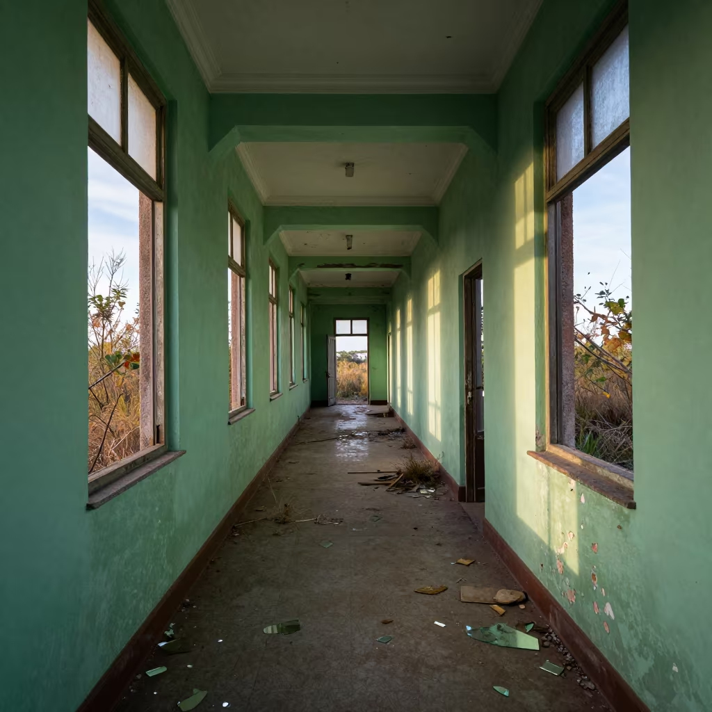 Abandoned Sanatorium Hallway Uruguay Green in through a shattered institutional hallway with debris underfoot in Uruguay