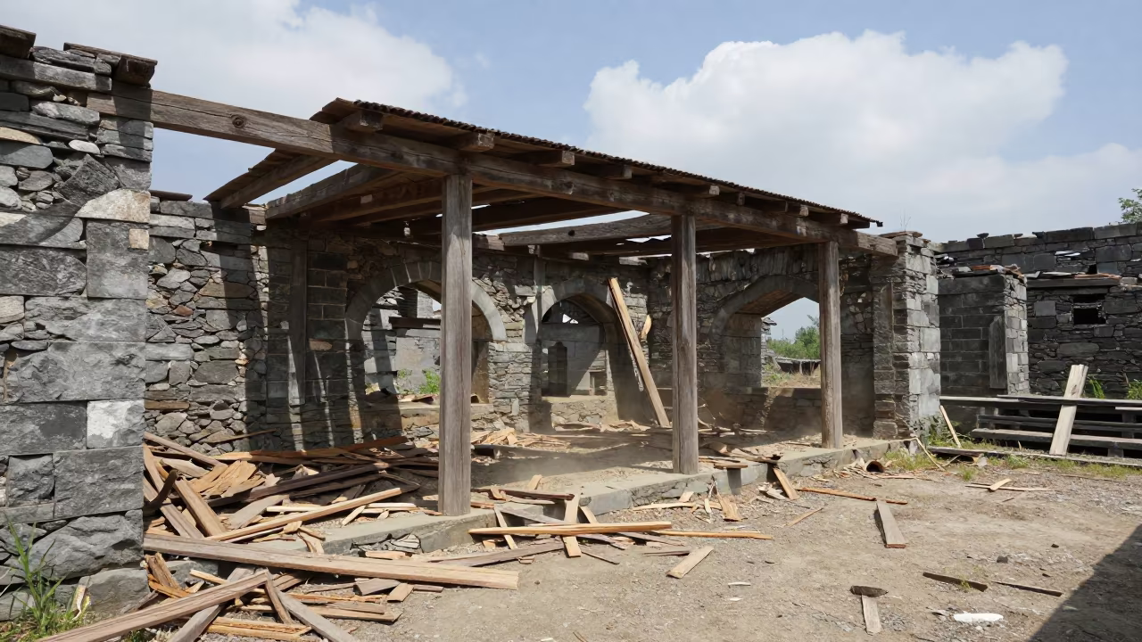 Abandoned Sandalwood Shed in Himachal Ruins in among collapsed cloisters in Himachal Pradesh
