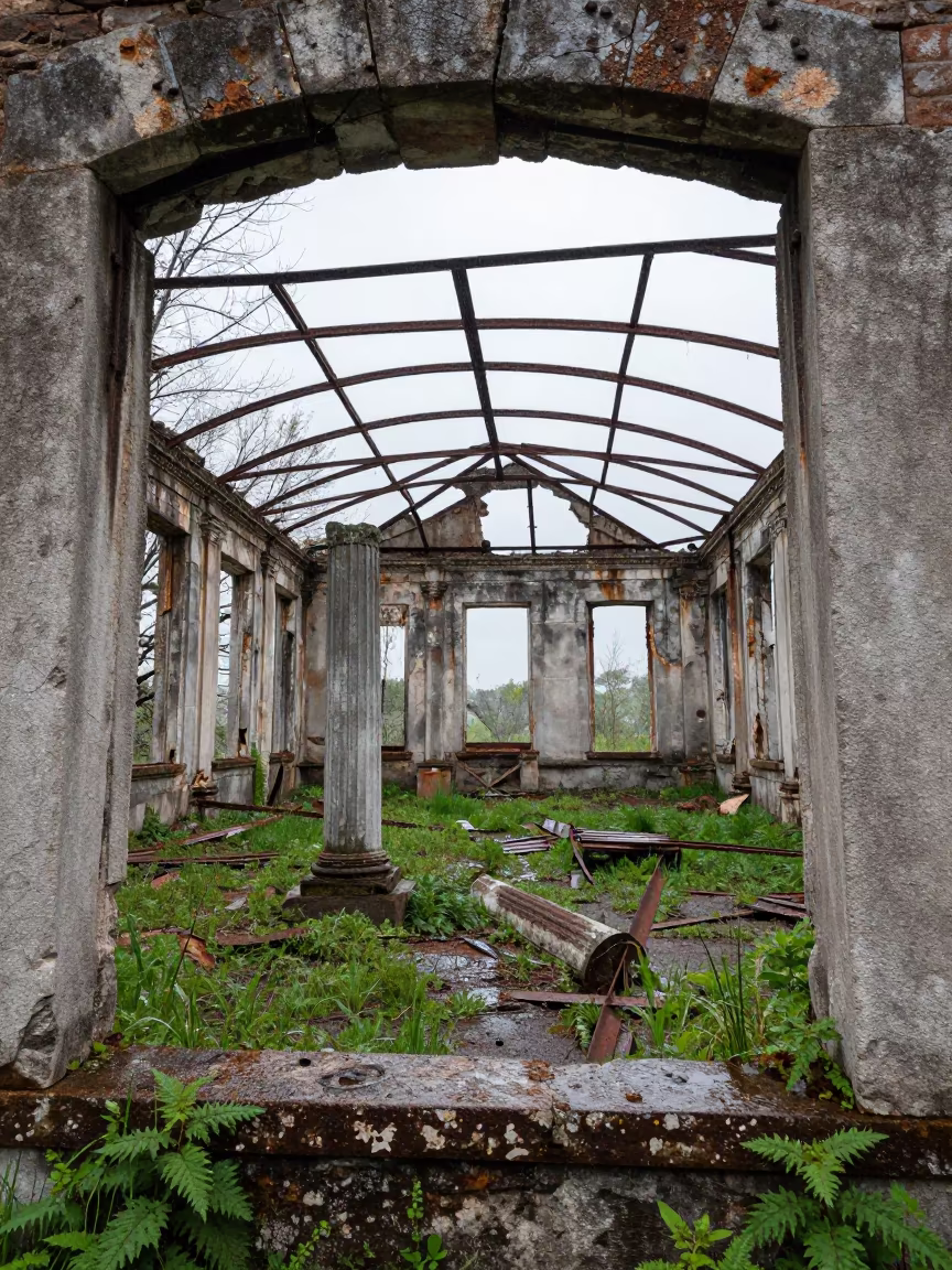 Abandoned Schoolhouse Ruins in Italian Spring Rain in among toppled columns and nettles in Italy