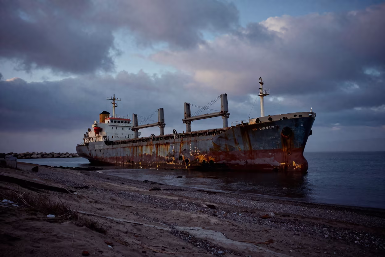 Abandoned Ship at Twilight Near Naples Harbor in beside a fogbound harbor mouth near Naples