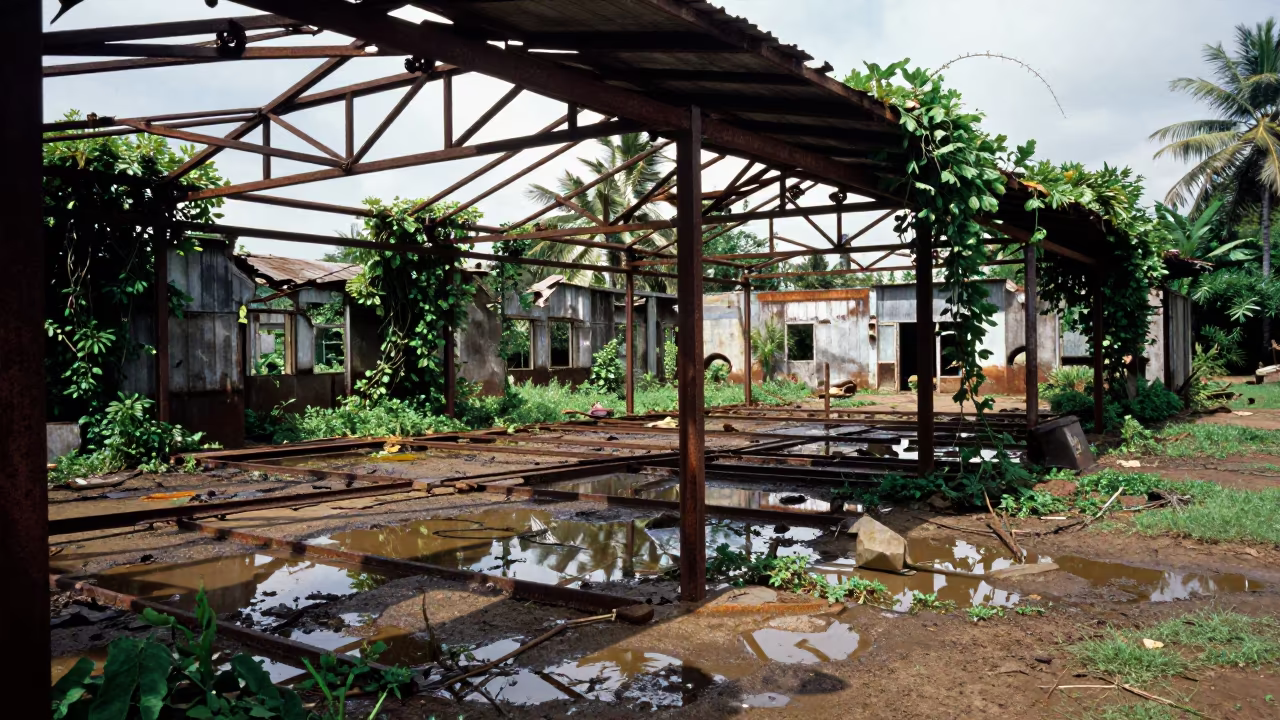 Abandoned Shipyard Shed Amid Chad Ruins in among collapsed cloisters in Chad