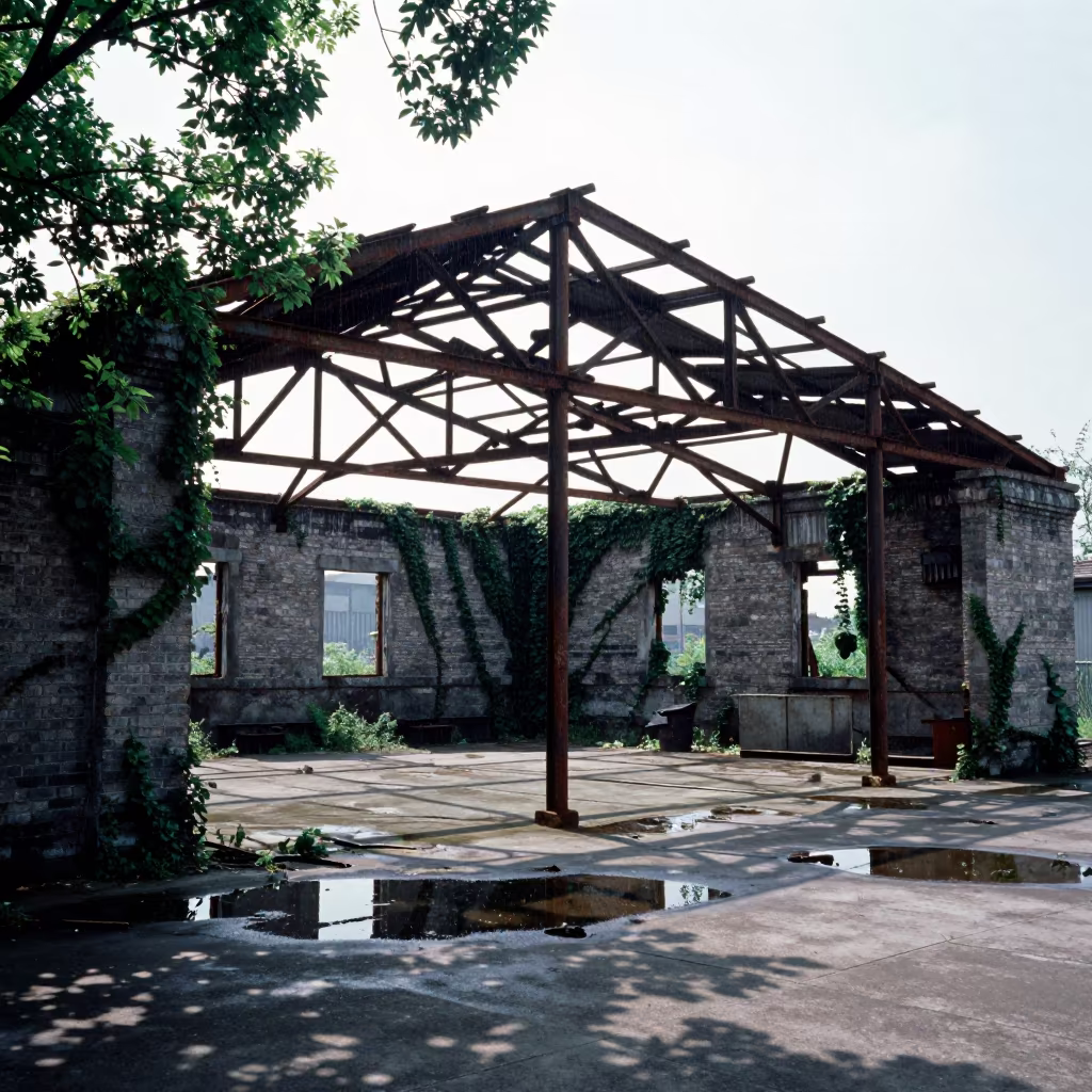 Abandoned Shipyard Shed with Puddle Reflections in beside ivy-draped masonry near Ningbo