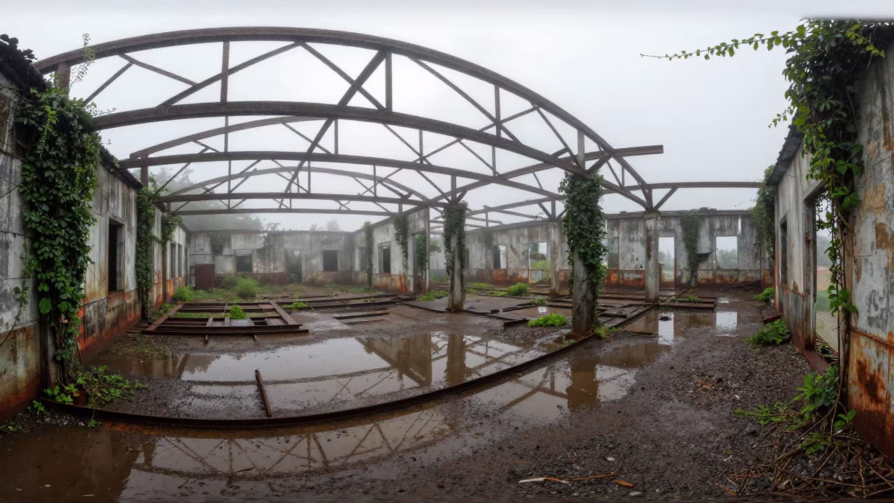 Abandoned Shipyard Shed Ruins in Colombia Rainy Season in among collapsed cloisters in Colombia