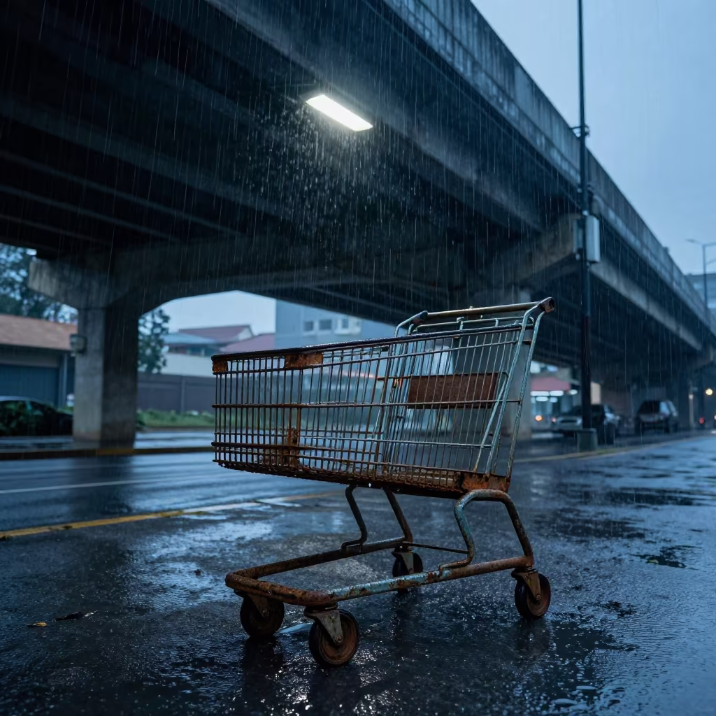 Abandoned Shopping Cart Under Bogota Overpass in beneath a flickering underpass light in Bogota
