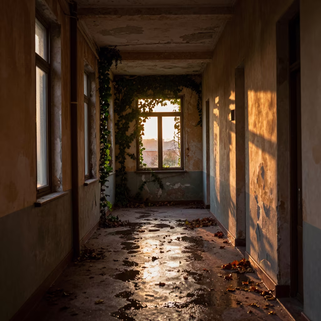 Abandoned Sicilian Hotel Corridor Sunset Ivy in along a derelict corridor with peeled paint and pooled water in Sicily
