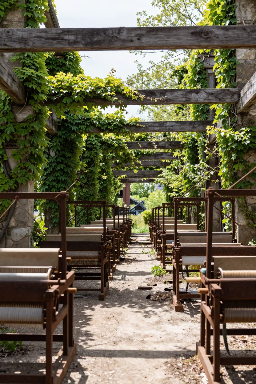 Abandoned Silk Mill Floor Looms Ivy Midmorning Light in along a vine-choked corridor near Libertad