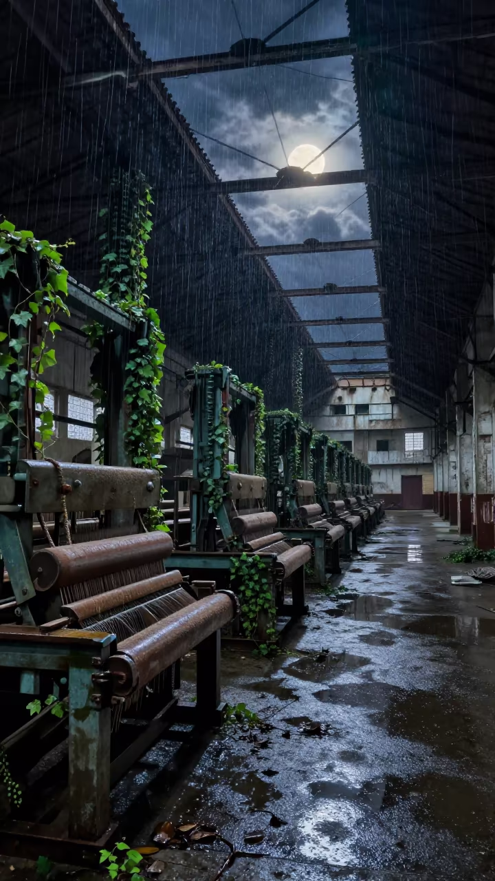 Abandoned Silk Mill Floor Under Predawn Moonlight in inside a roofless nave near Luanda