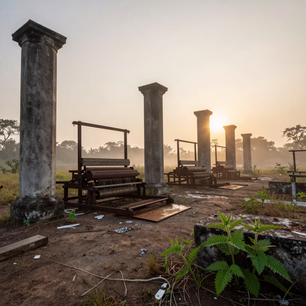 Abandoned Silk Mill Looms Suriname Mist in among toppled columns and nettles in Suriname
