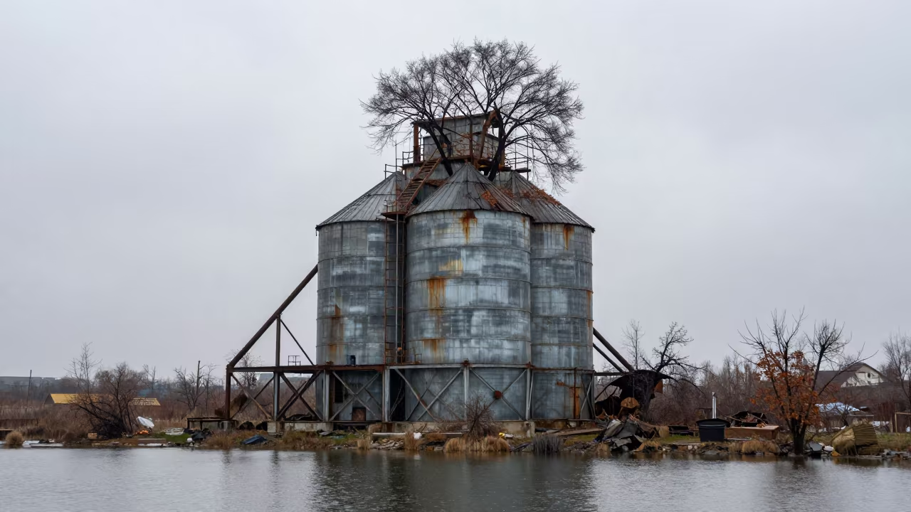 Abandoned Silo Tree Steel Winter Drizzle in beside exposed structural steel near Bishkek