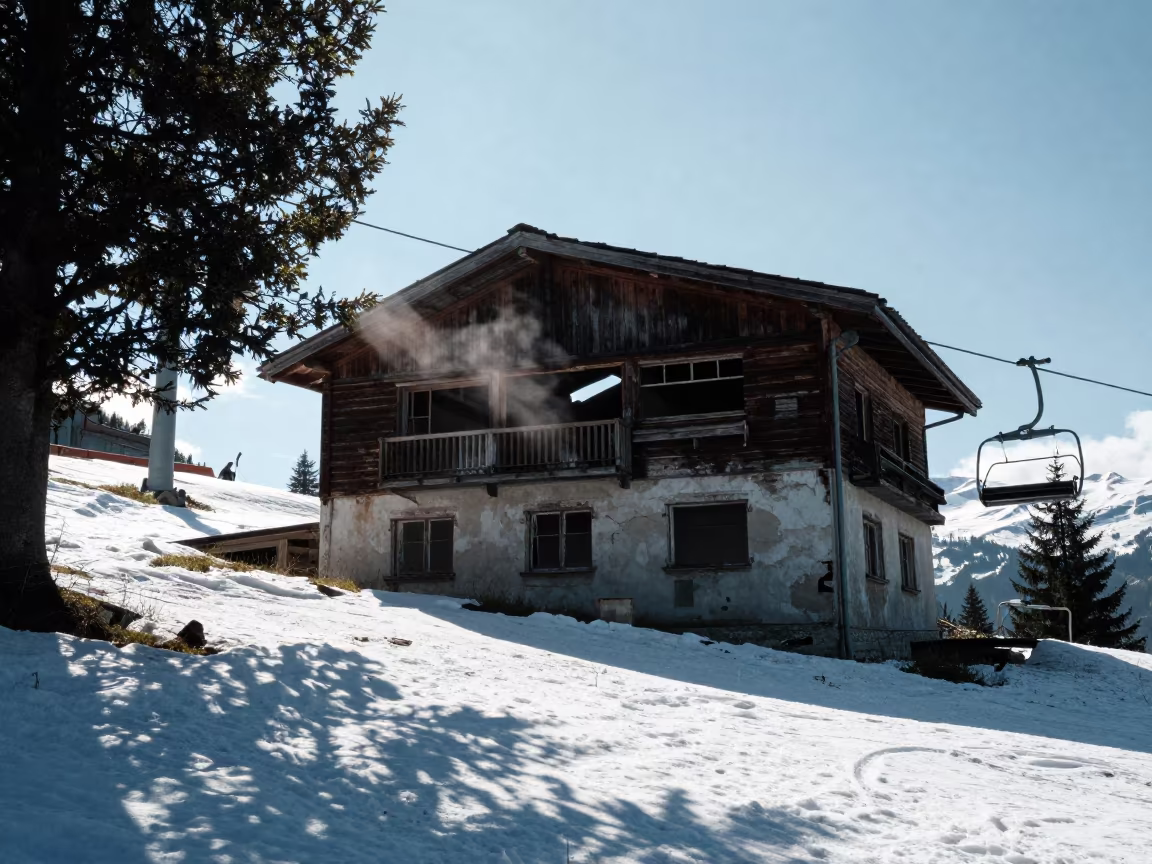 Abandoned Ski Lodge Ruin Midsummer Sun in beneath a chairlift on a snow-packed run near Interlaken
