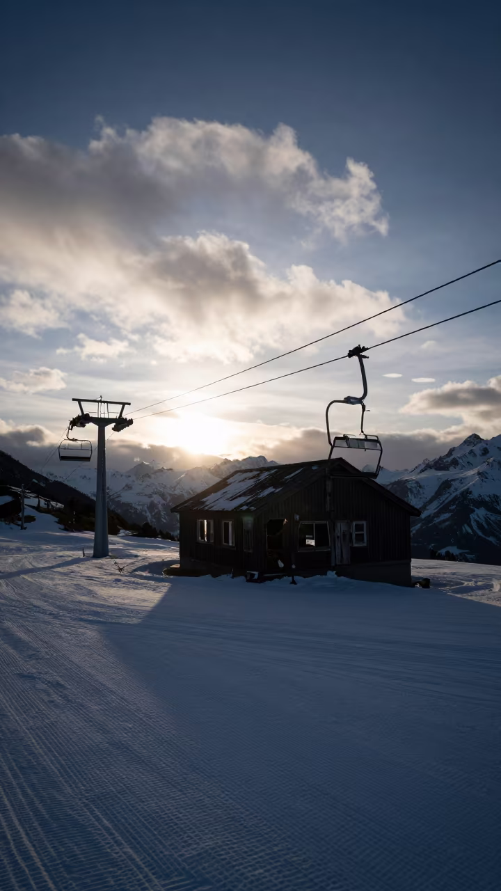 Abandoned Ski Lodge Silhouette with Sagging Cables in on a groomed ski slope before opening near Queenstown
