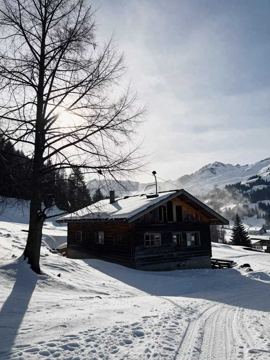 Abandoned Ski Lodge Silhouette Winter Light in on an alpine piste at first light near Interlaken