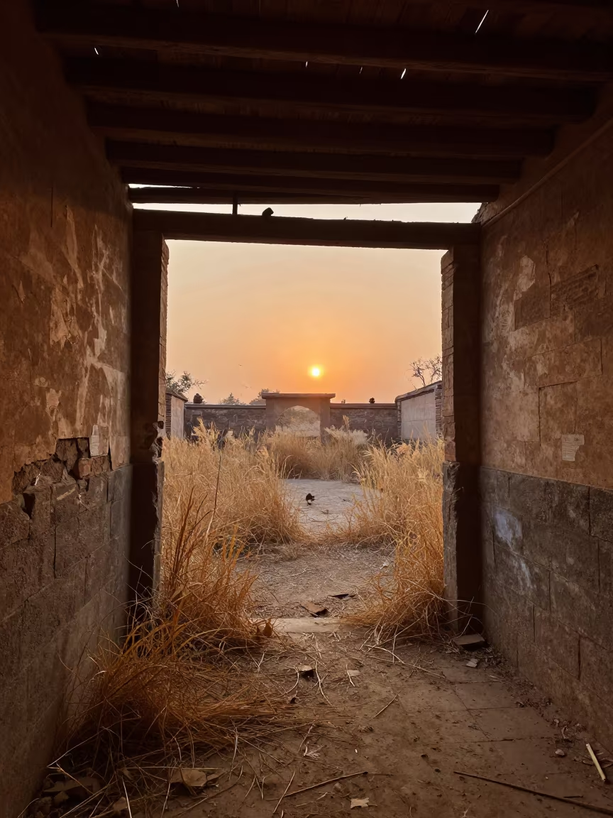 Abandoned Stable Swallows Amber Sunset Light in through a courtyard reclaimed by grasses near Amritsar