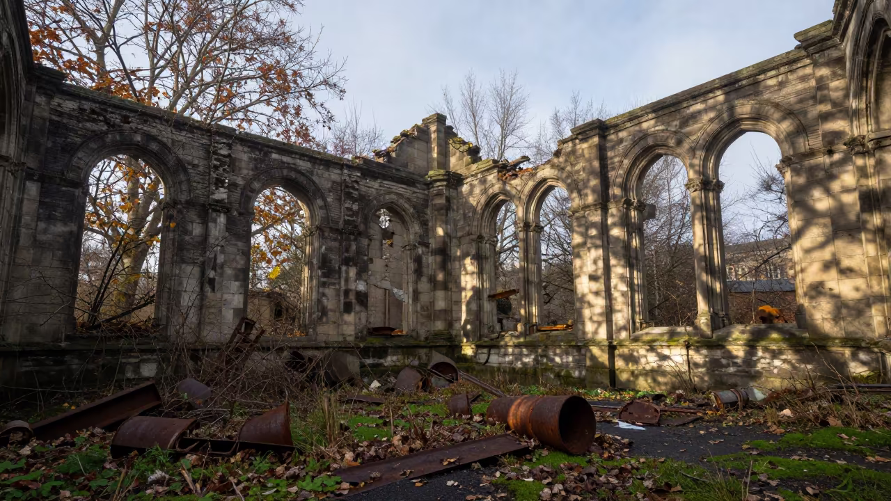 Abandoned Station Ruins in Autumn Fog in among collapsed cloisters near Doncaster