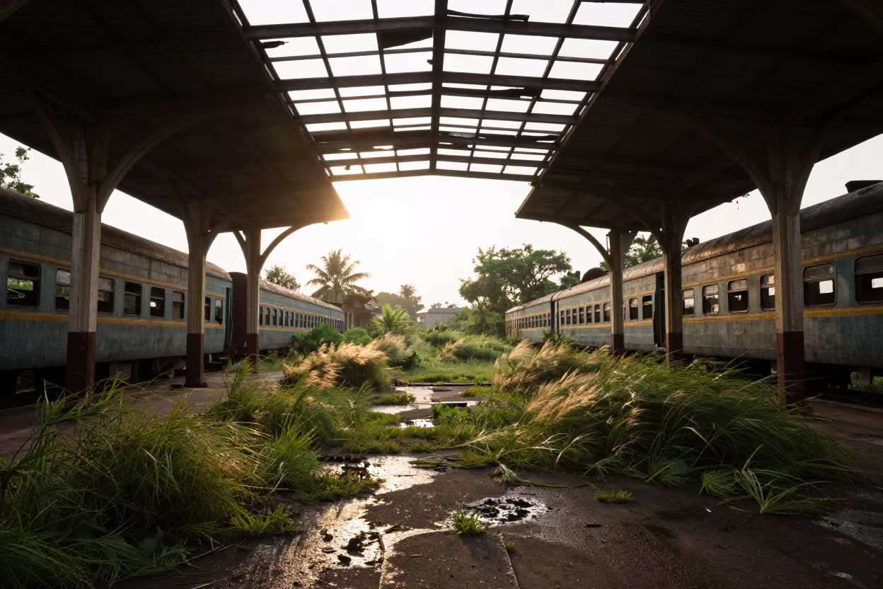 Abandoned Station Silhouette Golden Hour in through a courtyard reclaimed by grasses near Indore
